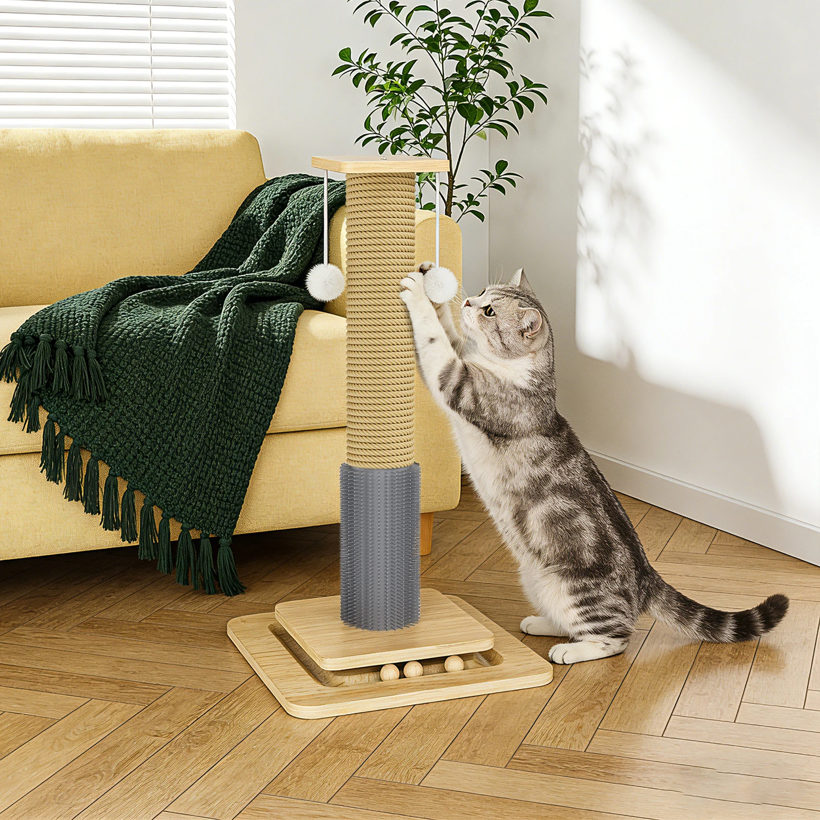 Tiragraffi per gatti in legno massello, giocattolo da arrampicata, palo multilivello in sisal con palline sospese, ideale per gattini e gatti adulti, per giocare in casa.