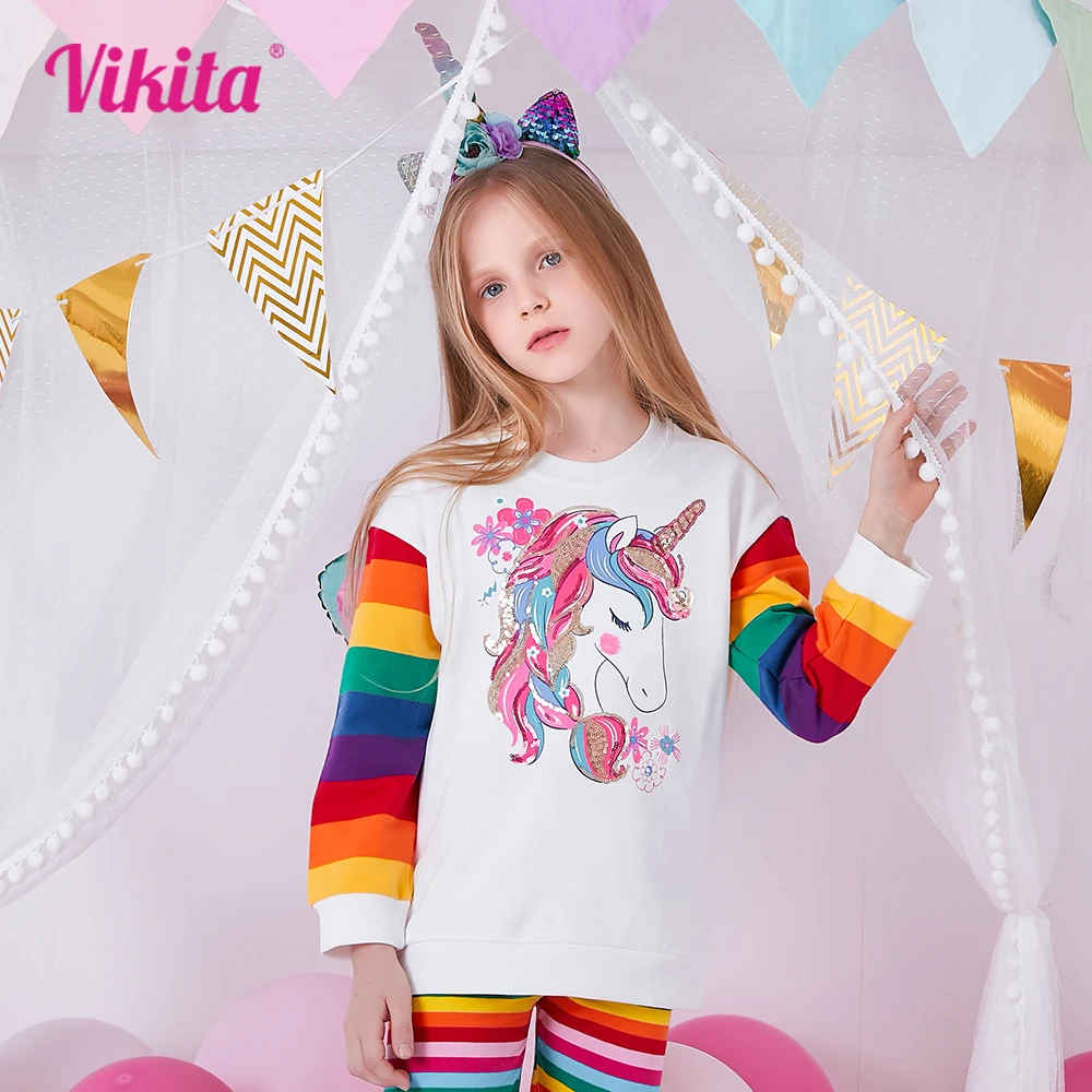 VIKITA/Осенне-весенний свитшот для девочек, детский хлопковый повседневный топ с блестками и цветочной аппликацией в радужную полоску и круглым вырезом, костюмы