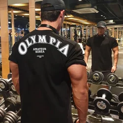 Koszulka bawełniana koszulka na siłownię OLYMPIA sportowa koszulka męska koszulka do biegania z krótkim rękawem koszulka męska treningowa koszulka Fitness luźna bluzki w dużych rozmiarach