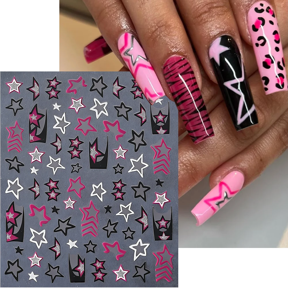 1pcs Black Pink Hollow-out Pentagram Nail Stickers Gold Sliver 3D Y2K Dark Punk Five-pointed Star Design Nail Decals DIY Manicur