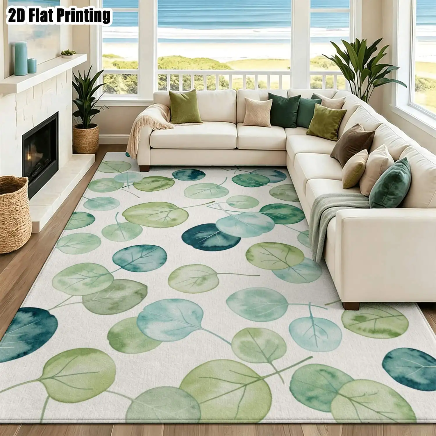 1Pc 2D Printed Nordic Eucalyptus Leaf Carpet, Instagram-Worthy Floor Mat for Home Decor, Machine Washable, Multi-Size, Multi-Scene Use