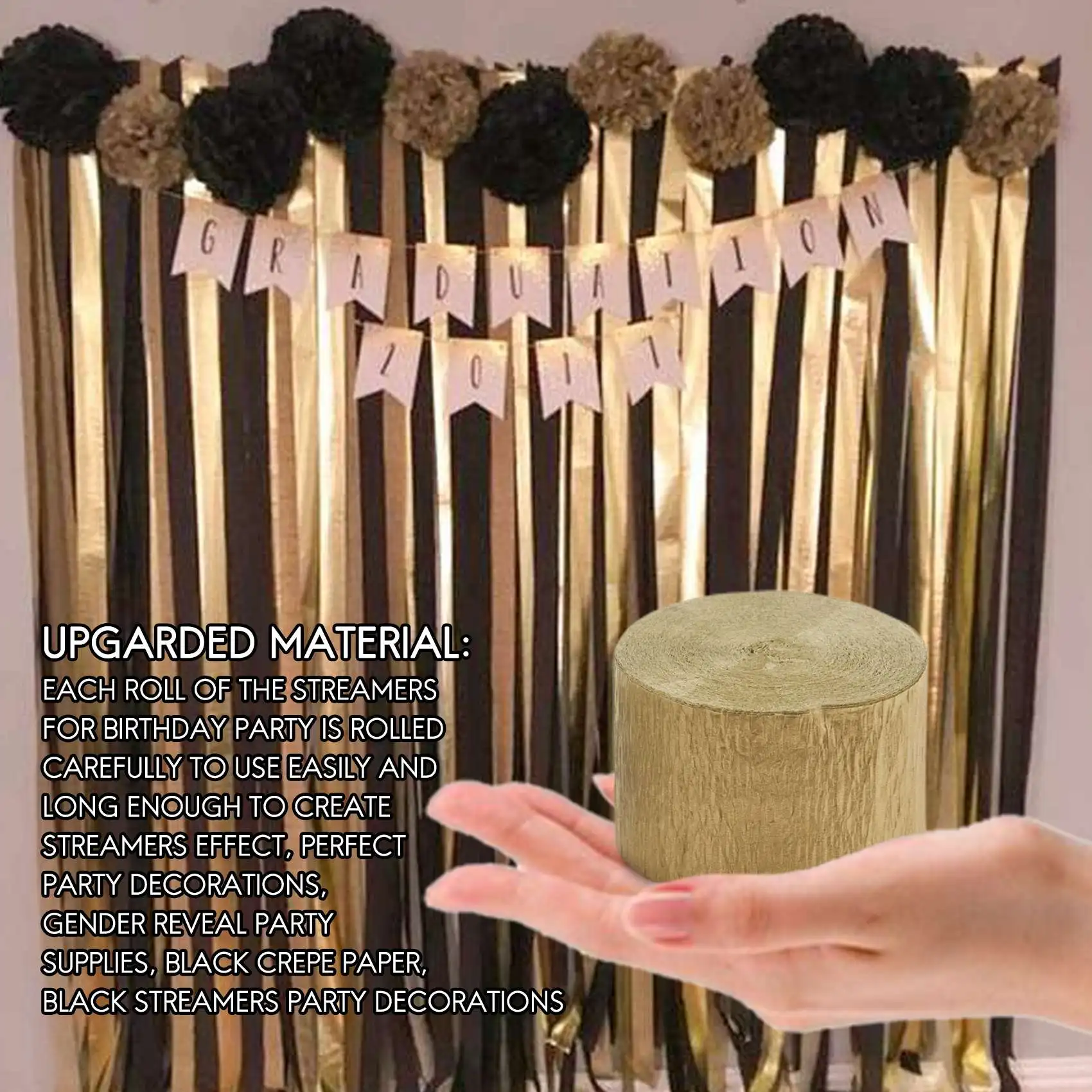ABKI-Crepe Paper Streamers12 Pcs Gold Streamers, Silver And Black Streamers Party Decorations For Birthday Party Wedding