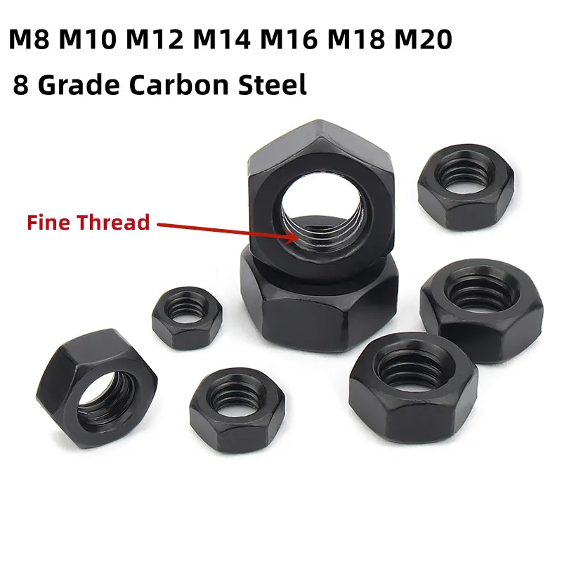 M8 M10 M12 M14 M16 M18 M20 Black Fine Thread Hexagon Hex Nut 8 Grade Carbon Steel Screw Bolt Cap DIN934 Fine Pitch 1/1.25/1.5mm