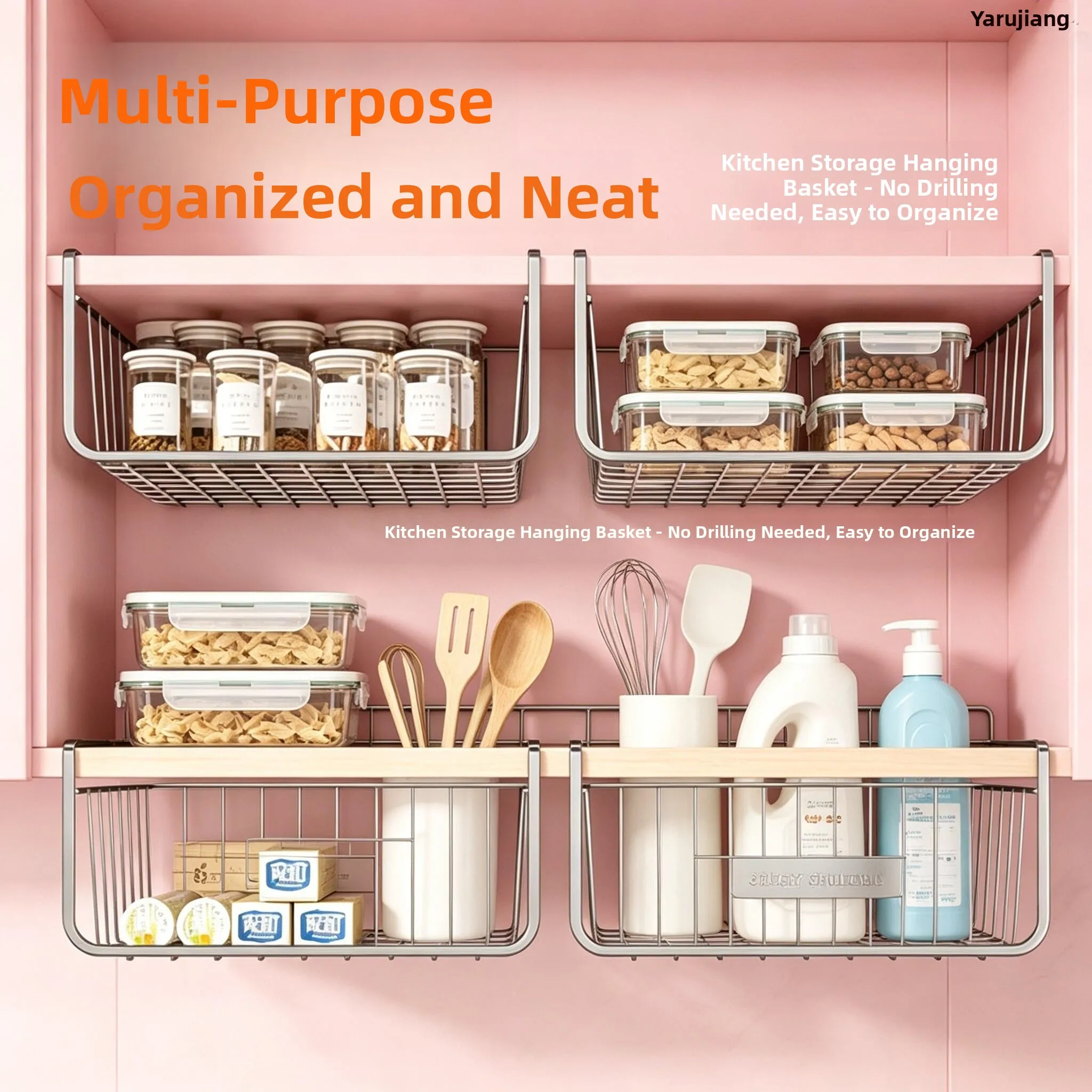 

Kitchen Storage Hanging Basket No Punching Cabinet Film Bag Storage Rack Dormitory Table under Shelf Rack Organizer