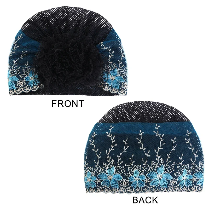 المرأة الجديدة تنفس الأسود الدانتيل قبعة عمامة الأزهار الدانتيل الحجاب قبعة القبعات الإسلامية التفاف أغطية الرأس الإسلامية