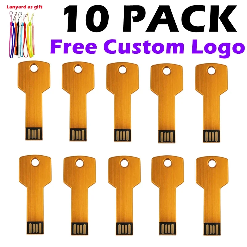 10Pcs/LOT Personalized Logo USB 2.0 Key Shape Metal Memory U Stick 4GB 8GB Usb Pen Drive 32GB 16GB Usb Flash Drive Business Gift