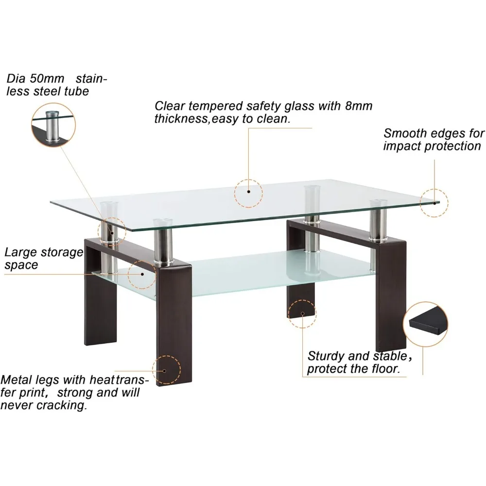 Rectangle Tempered Glass Coffee Table with Metal Legs for Living Room, Modern Walnut Finish Accent Table