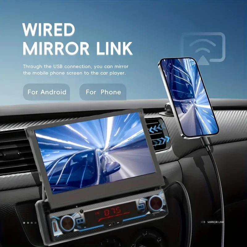 7'' Car Stereo Foldable 1Din Car MP5 Player with 12LED Backup Rear View Camera W/ Android Auto & Wired Carplayer And Mirror Link
