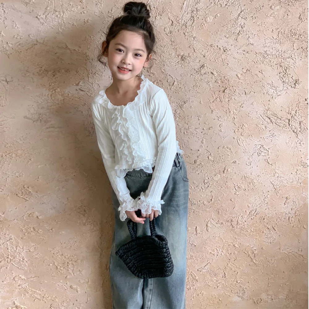 Children Clothing Girls T-shirt 2024 Spring New Fashionable Girls Sweet Lace Long Sleeve Princess Sweet Solid Color Top