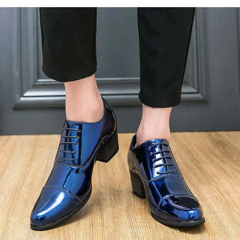 Elegant Blue High Heels Men Wedding Shoes Business Mens Luxury Dress Shoes Shiny Patent Leather Oxford Shoe Men sapato masculino