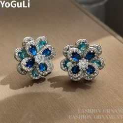 Modern Jewelry 925 Silver Needle Vintage Luxury Temperament Blue Color Glass Flower Earrings For Women Wedding Gifts Hot Sale