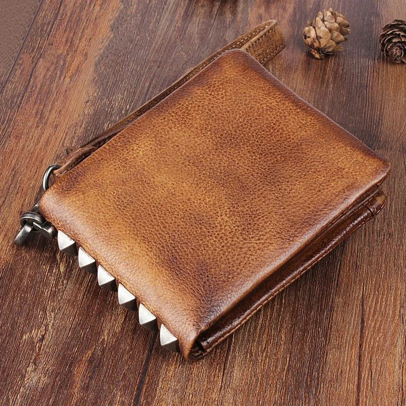 

Vintage PUNK Studs Full Grain Genuine Leather Wallet Men Bifold Wallet with Belt Male Purse Short Style Money Bag Clips WC010