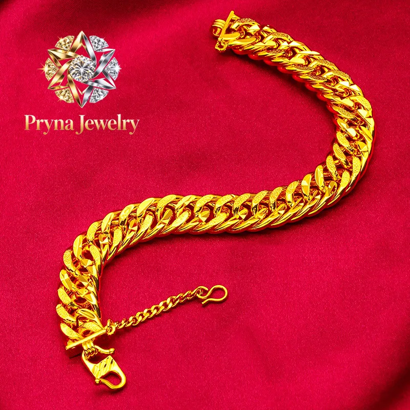 Pryna Jewelry  24K Gold Engine-Turned Bracelet AU999 Pure Gold, 3D engine-turned patterns, rugged chain, exudes masculinity and