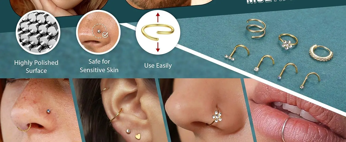 Bobisty 32-teiliges Nasenring-Set für Damen und Herren, Hypoallergener Chirurgischer Edelstahl, Transparente Nasenringe, Hoop-Knorpel-Piercing-Schmuck – Detail 5