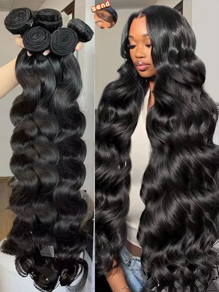 

Набор из 4 пучков натуральных необработанных человеческих волос, 36-40 дюймов, свободная волна, 100% натуральные бразильские волосы, натуральный черный цвет