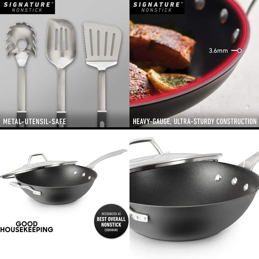 

12 Black Nonstick Flat-Bottom Wok, Oven Safe, PFOA-Free, Hard-Anodized