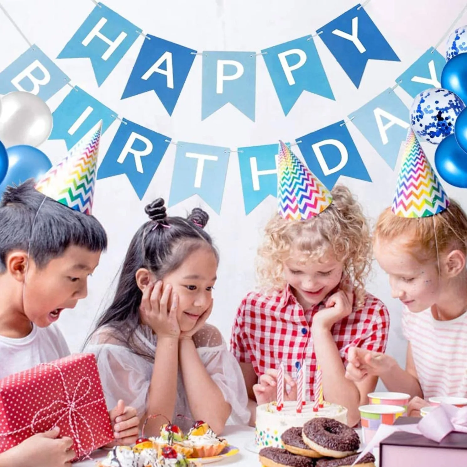 24 قطعة من لافتة عيد ميلاد سعيد بأحرف ذهبية على شكل ذيل السمكة، مجموعة بالونات زرقاء لتزيين الحفلات