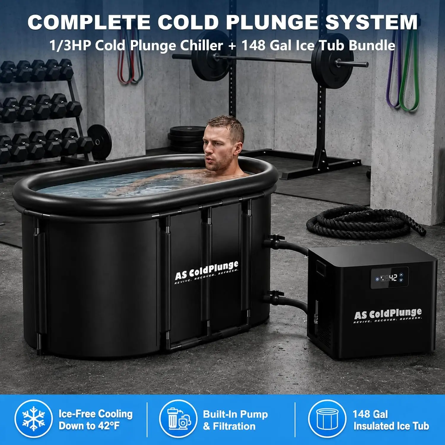 Upgraded  148Gal XXL Ice Bath Chiller Cold Plunge Kit Built in Pump and Filter for Outdoor Indoor Recovery