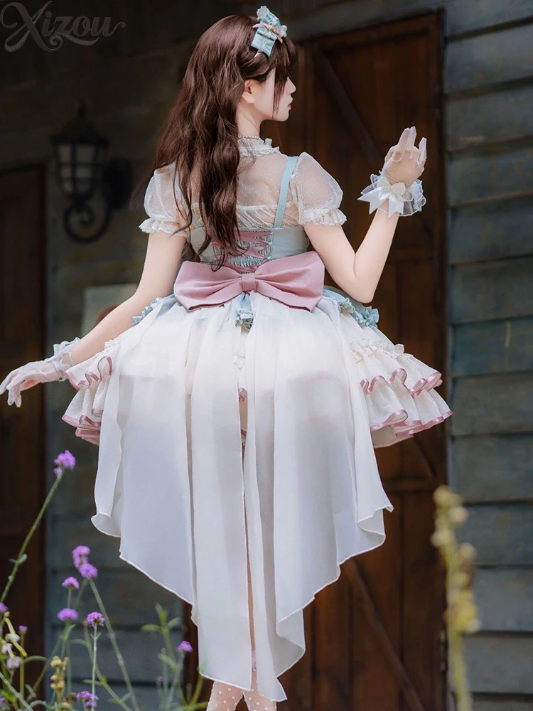 Lolita Princess Style Short Suspender Dress Femme Cute Sweet JSK Above Knee Mini Kawaii Elegant Dresses for Women Summer