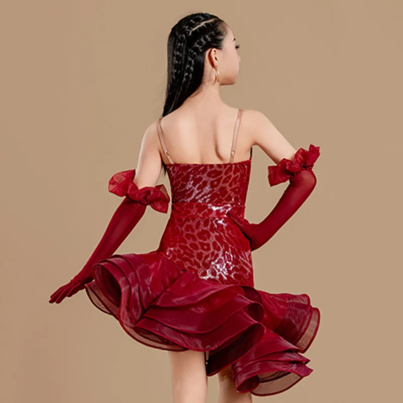 

Kids Girls Latin Dance Spaghetti Strap Bodysuit and Mesh Fishbone Large Skirt Set Flower Naked Dress Performance Class Dancewear