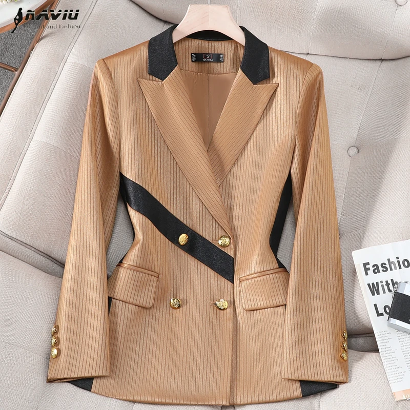 

NAVIU Office Ladies Blazer Women Jacket High End Khaki Long Sleeve Double Breasted Stripes Female Business Work Wear Slim Coat