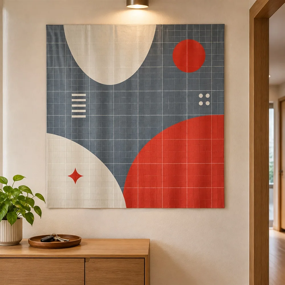 VIKAMA Fine Line Grid Tapestry Wall Hanging, Minimal Geometric Wall Art, Modern Decor for Living Room Office Study Entryway