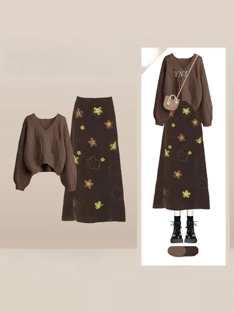 

Зимний женский вязаный свитер и юбка с принтом, комплект из двух предметов: свитер с V-образным вырезом и рукавами-фонариками, юбка миди с высокой талией, модный комплект 2026 года