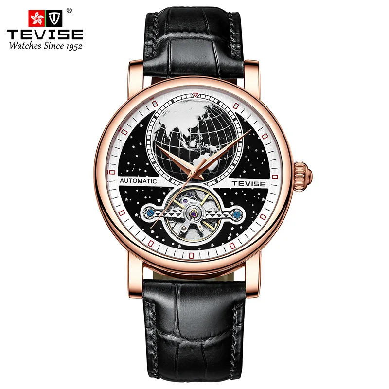 Tevise Top Brand Earth Star Man Tevise T867k Blue Luminous Luxury Automatic Men Mechanical Tourbillon Waterproof Leather Watches