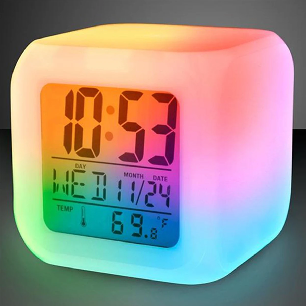LED Digital Alarm Clock  Mini Desk Cube Clock with Colorful Lights Multi-function Alarm Clocks with Calendar Temperature Display
