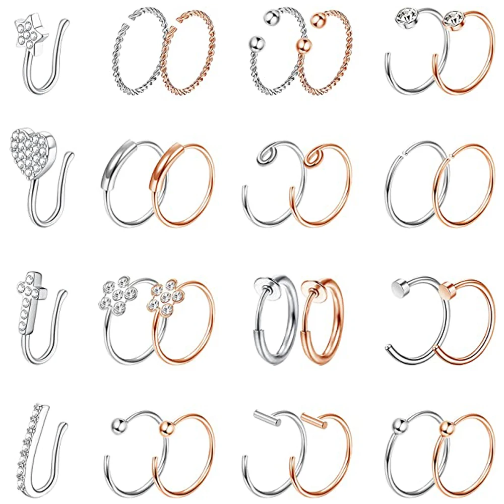 Stainless Steel Fake Nose Rings Hoop CZ Inlaid Faux Septum Nose Piercing Jewelry Clip on Lip Ear Septum Rings No Pierced Nose