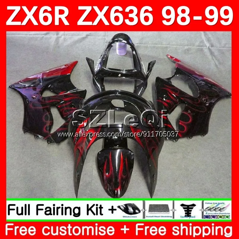 Body + Decal For KAWASAKI NINJA ZX 6R 636 6 R ZX-636 600 CC ZX6R Red Flames 98 99 99No.6 ZX600 ZX-6R ZX636 1998 1999 Fairing