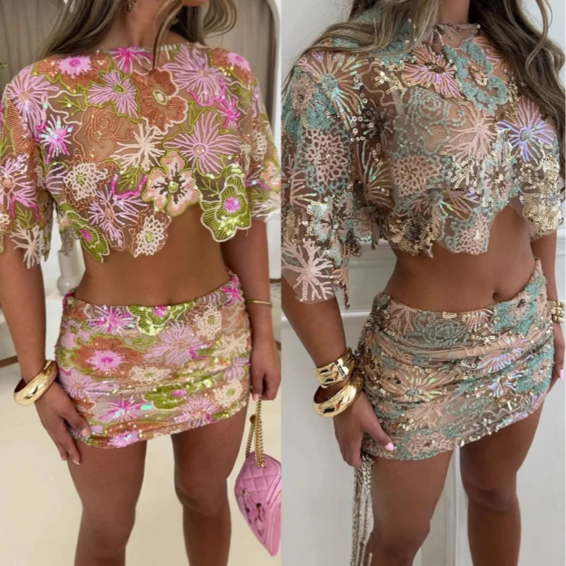 

Sexy See-through Sequins Vacation Outfits Sexy Slim Half Sleeve Crop Tops&Mini Skirts Sets Fashion Glitter Wrap Hips Skirts Sets