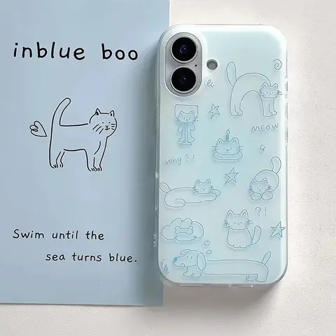 Korea INS Painted Milk Blue Soft Cute Cat Dog Phone Case For iPhone 16 15 14 13 12 11 Pro Max Plus Minimalism Double Layer Shell