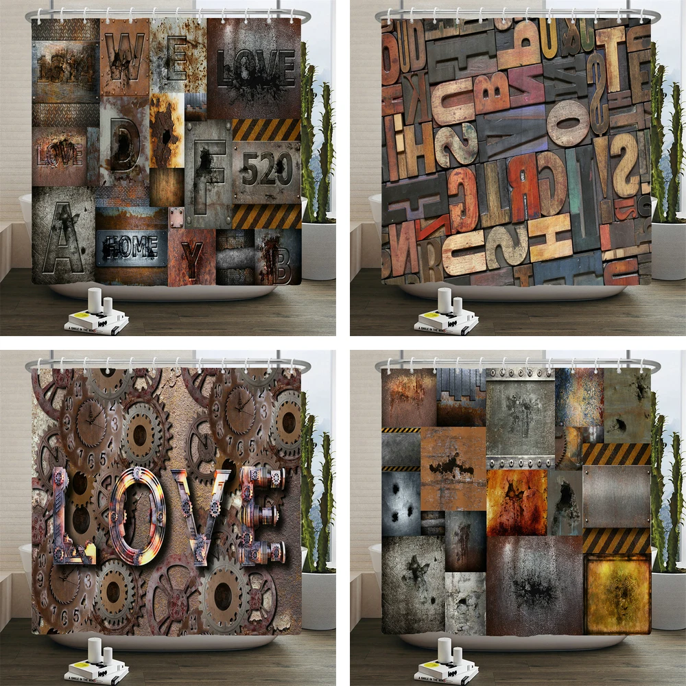 

Retro Nostalgia Stone Metal Wall Painting Shower Curtain Waterproof Bathroom Curtain Fabric Art Shower Curtains Decor With Hooks