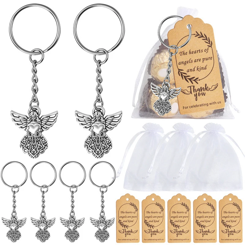 New 30 Set Angel Keychain Gift Bulk Thank You Gift Baptism Pendant Keychain Favor Key Ring With Thank You Tag Organza Bag