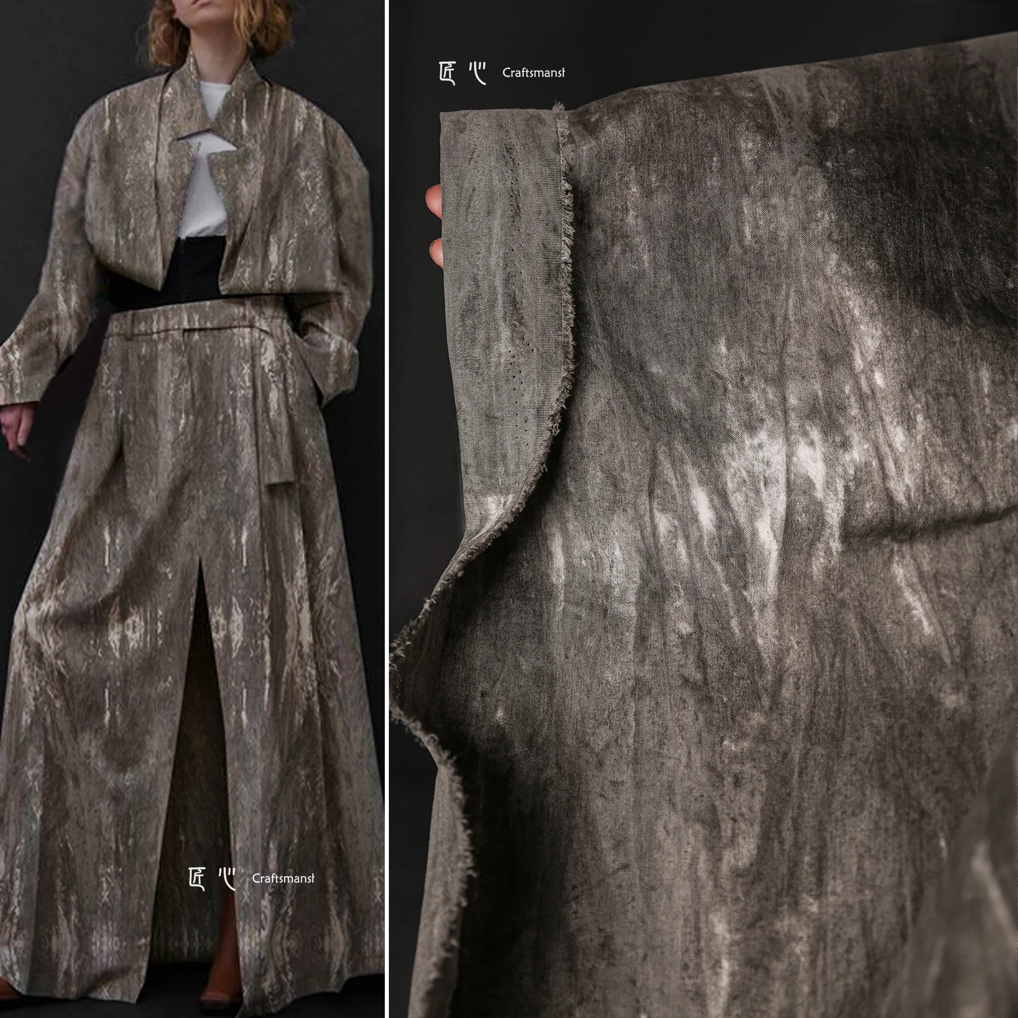 Dark gray ice flower dye faded tie-dye, cotton cloth silhouette retro suit shirt jacket culottes, designer fabric