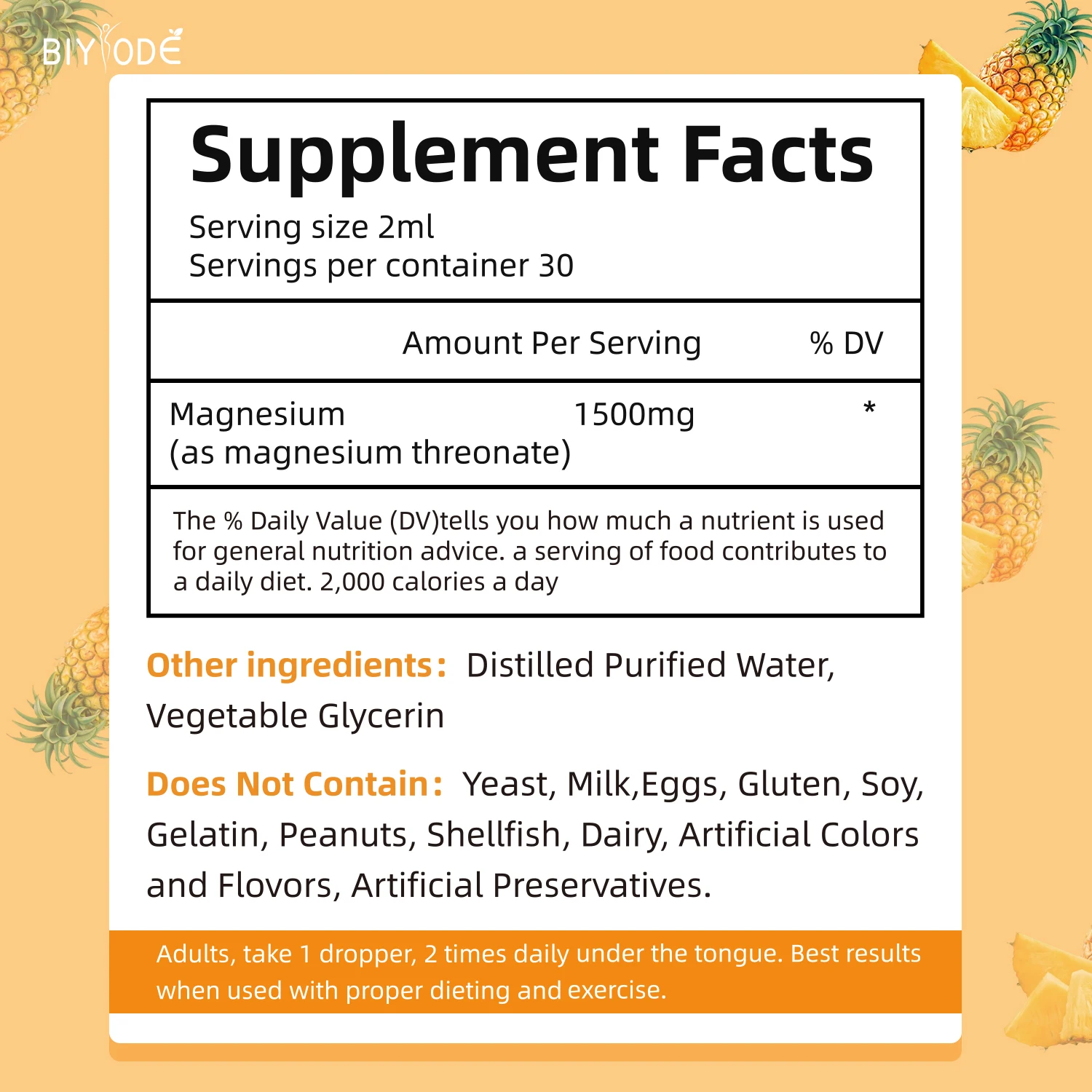 Pineapple Flavored Magnesium Supplement 60ml 145g for Adult Cardiovascular Function Energy Metabolism Anxiety Depression Immunit