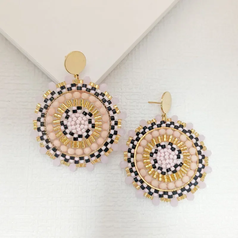 Beaded earrings Roundness Versatile Sunflower Bohemia Crystal Hand knitting Alloy Fashion Hollow out Simple Rice bead earrings