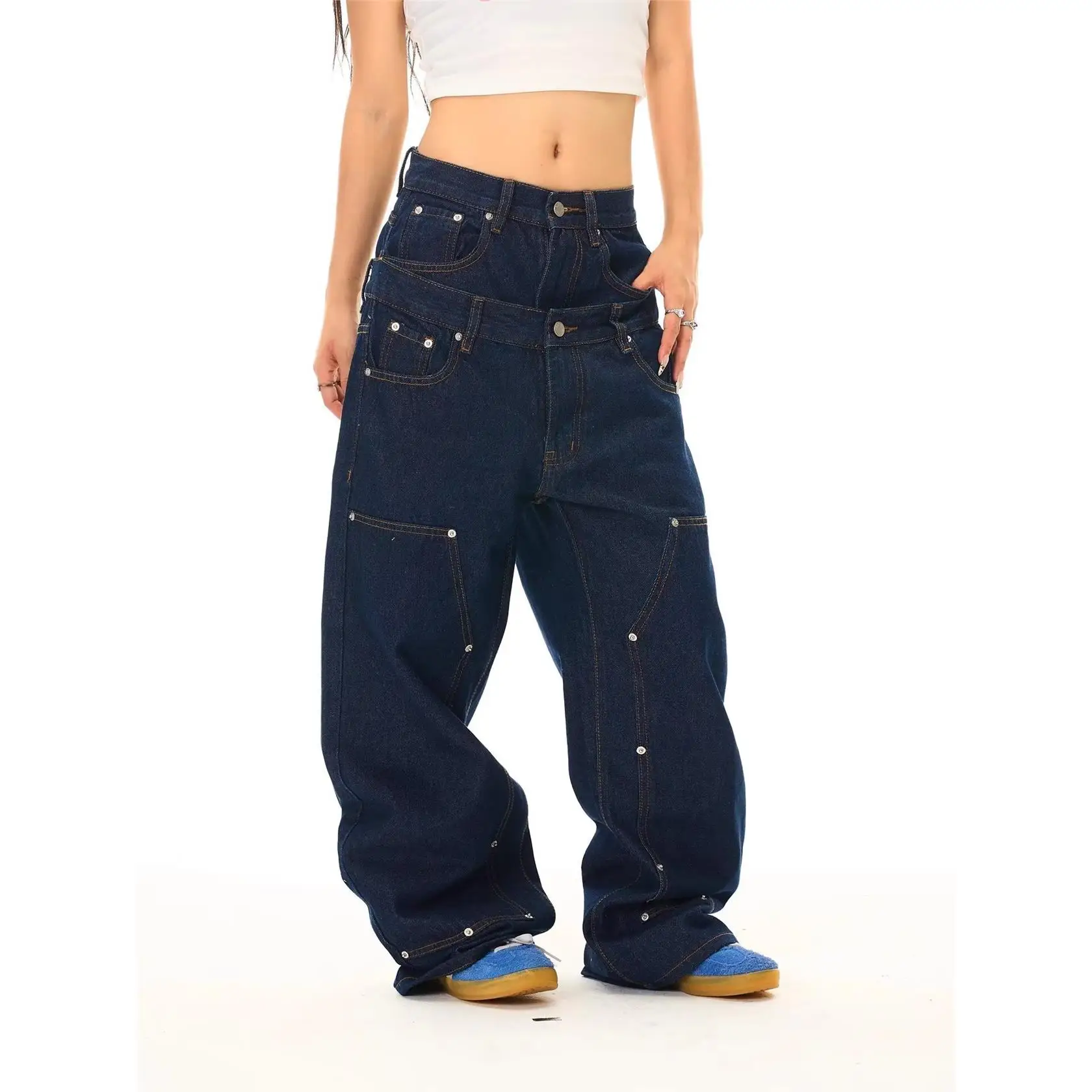 Retro American Wide Leg Straight Casual Jeans High Waist Cotton Denim Asymmetric Design Unisex Loose Fit Comfortable Jeans