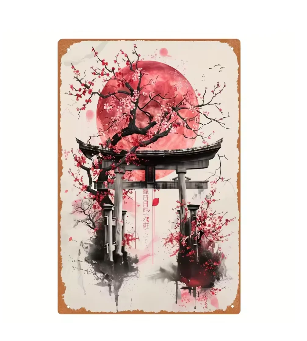 Japanese Torii Cherry Blossom Tin Sign - Oriental Landscape Metal Wall Decor, Vintage Home Office Iron Art Decoration