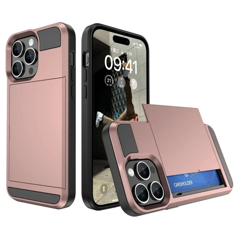 Phone Case for IPhone 16 15 14 Plus 13 12 11 Pro Max Wallet with Card Holder Slot Sliding Pocket Dual Layer Protective Cover