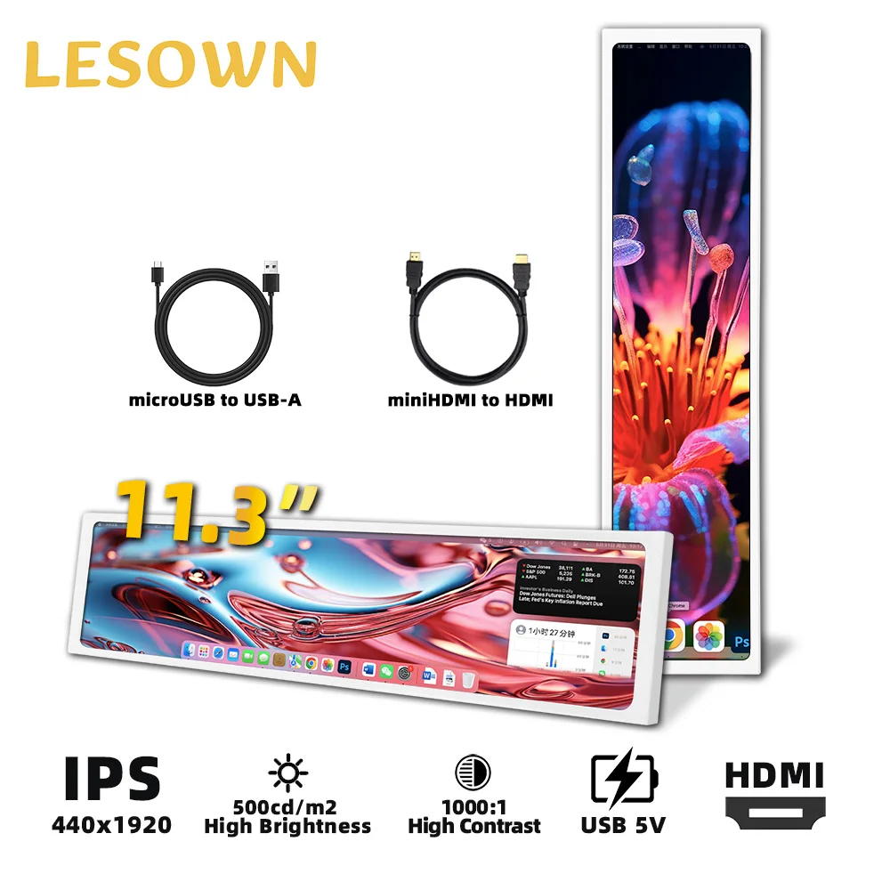 LESOWN Long Screen Monitor 11.3 inch 440x1920 IPS 500cd/m2 High Brightness 1000:1 HDMI Stretched Bar Secondary Portable Display