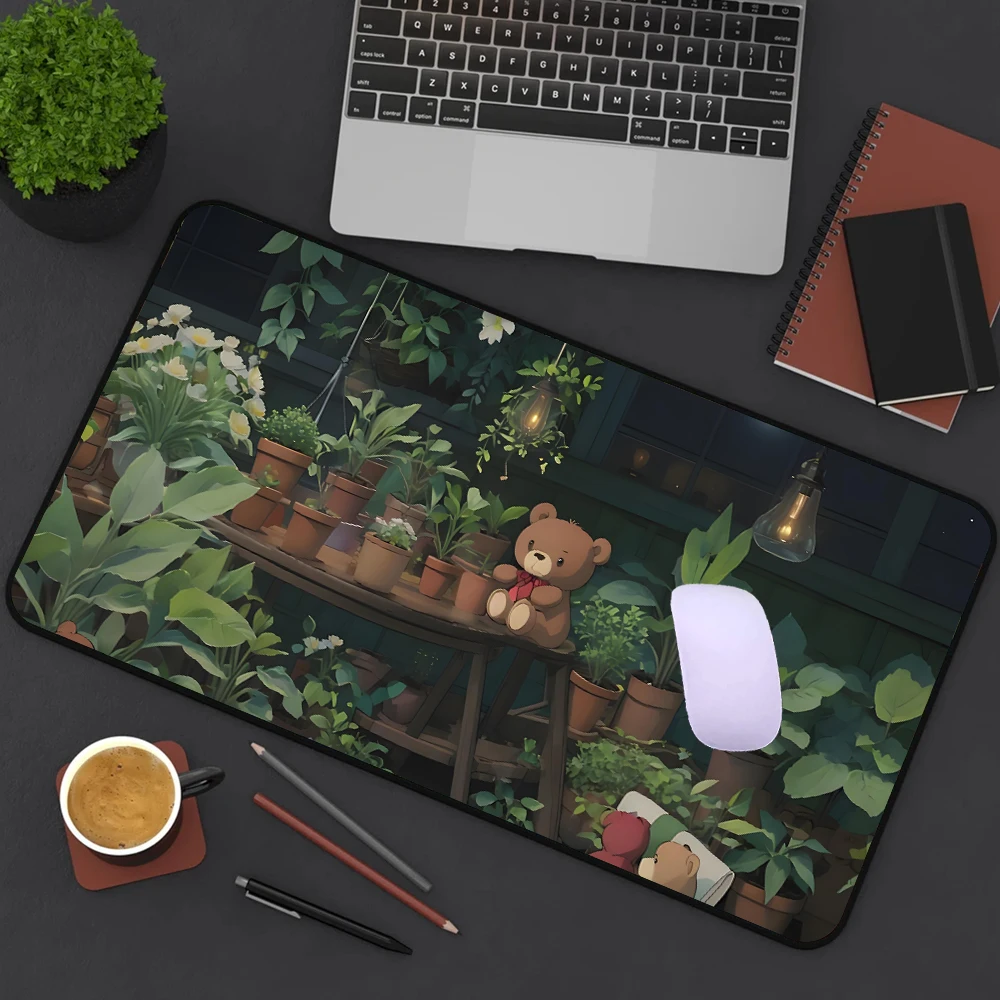 Kawaii teddy bear Mouse Pad Gaming Accessories Office Gamer Keyboard tropical sage Desk Mat Non-Slip Laptop green plant Mousepad