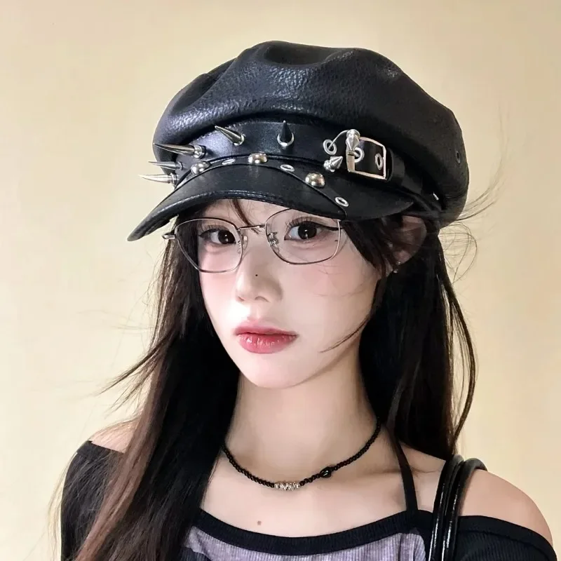 Punk Rivet Leather Newsboy Cap Women Gothic Adjustable Octagonal Hat Dark Street Style PU Flat Beret Caps