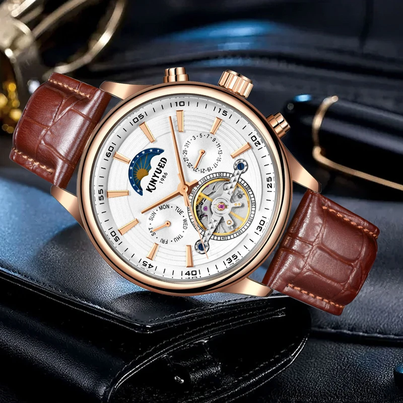 KINYUED Orologio meccanico di moda di marca per uomo Multifunzionale fasi lunari Settimana Data Tourbillon automatico di lusso Orologi da uomo