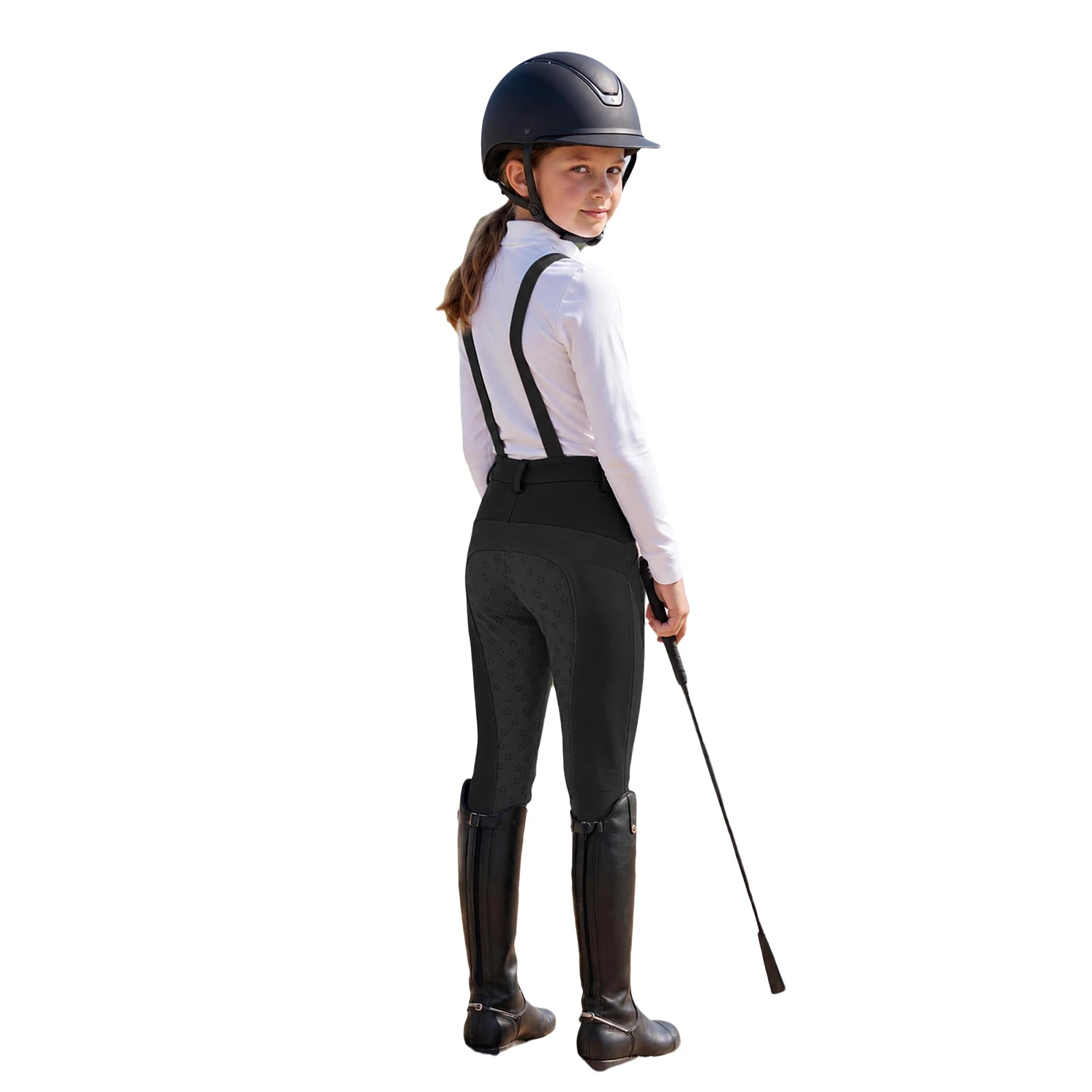 Reithose für Mädchen, elastischer Bund, Sportleggings mit Taschen und Schultergurten. – Detail 14