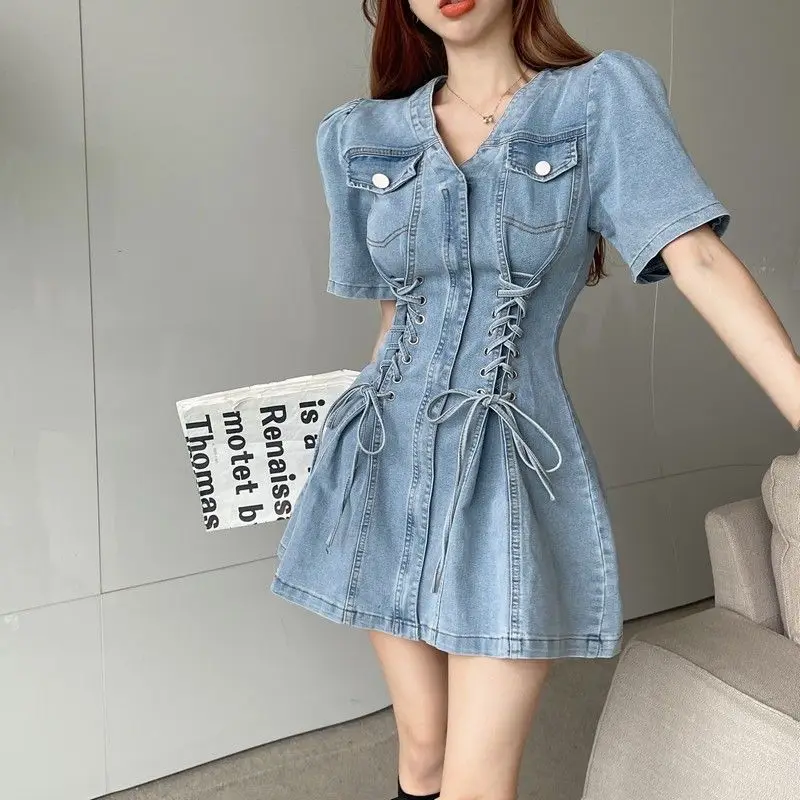 

French style V-neck cinched waist slimming denim dress