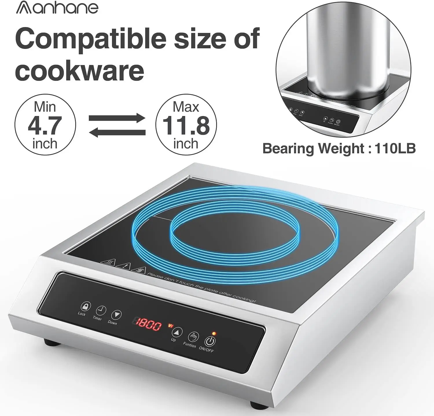 Inductiekookplaat Draagbaar 1800W, ANHANE Aanrechtbrander Inductiekookplaat Elektrisch voor koken, 9 temperatuurniveaus, 3 uur timer,A