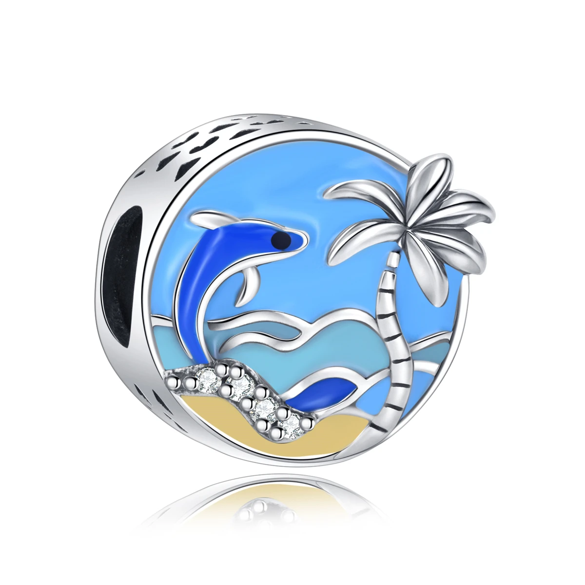 

PANQDIY 925 sterling silver Dolphin Beach Beads Double sided three-dimensional+hollow heart design diy Jewelry Charms for Women