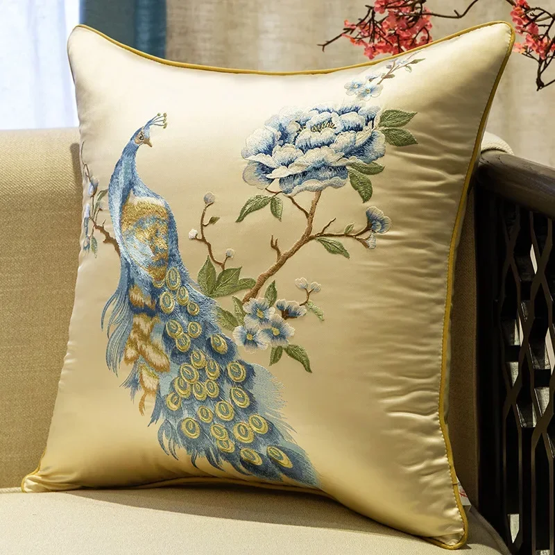 New Chinese Style Living Room Sofa Pillow Cover Embroidered Peacock Design Mahogany Sofa Cushion Cover Home Decoration Supplies